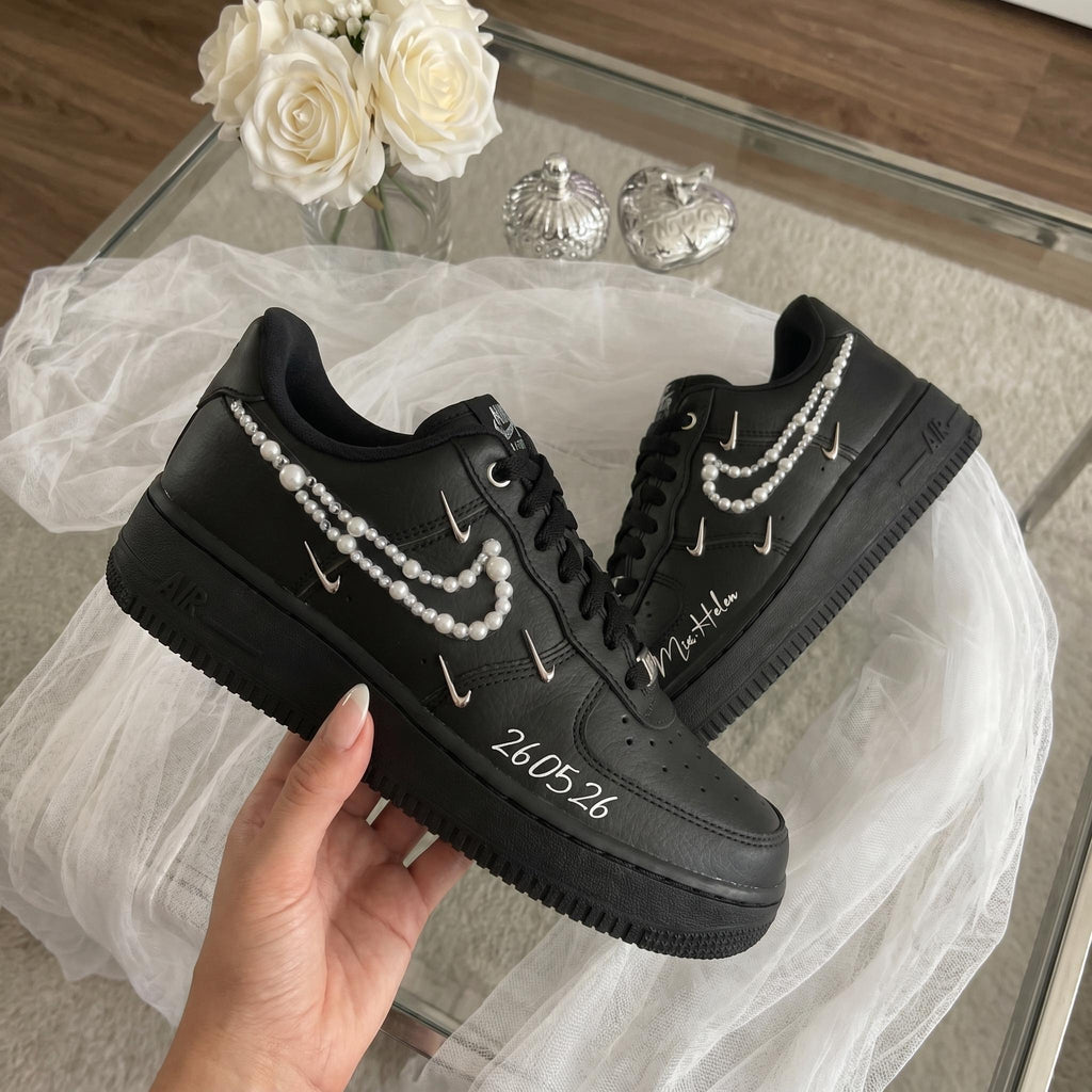 Custom Bridal Wedding Sneakers Pearl Black Shoes for Bride, Personalized Wedding Date & Name
