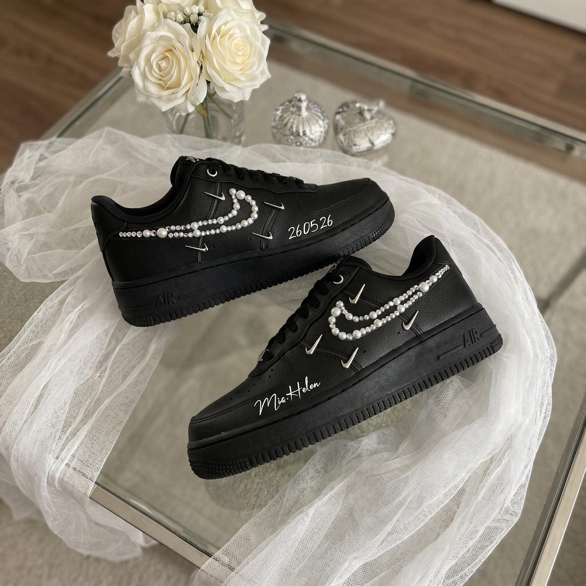 Custom Bridal Wedding Sneakers Pearl Black Shoes for Bride, Personalized Wedding Date & Name