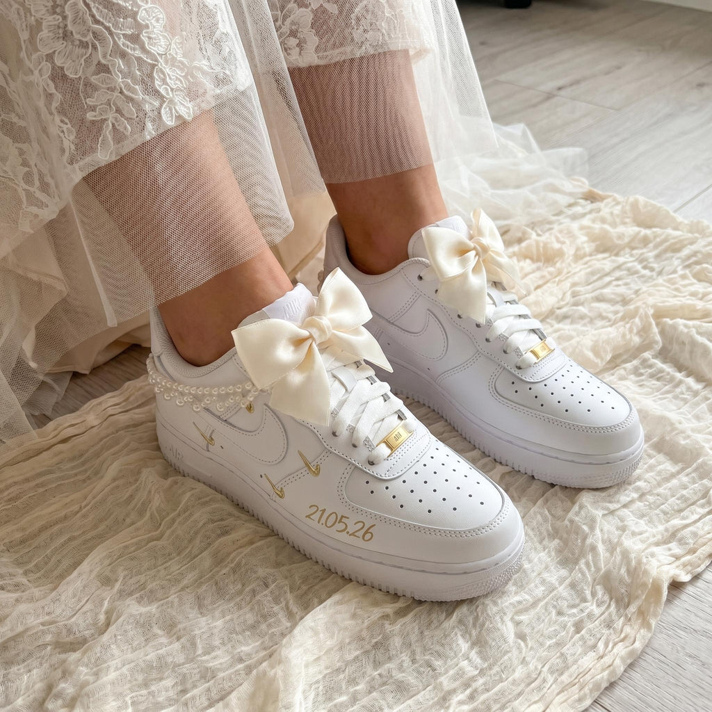 Custom Bridal Wedding | Bow & Pearl Embellishments Sneakers for Bride, Personalized Wedding Date Shoes