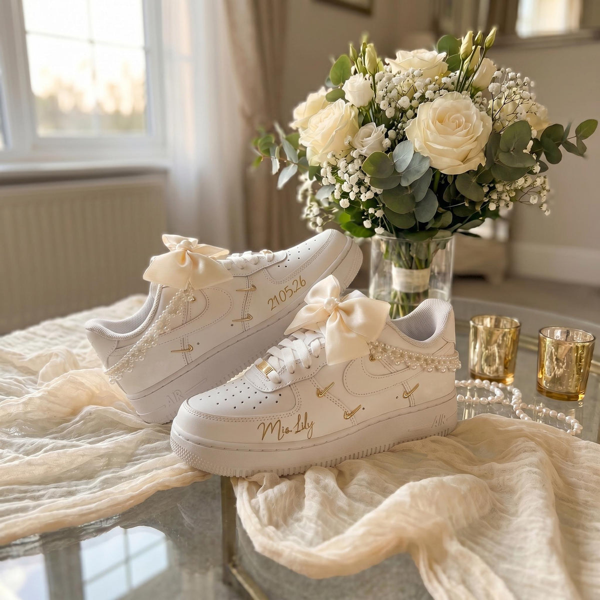 Custom Bridal Wedding | Bow & Pearl Embellishments Sneakers for Bride, Personalized Wedding Date Shoes