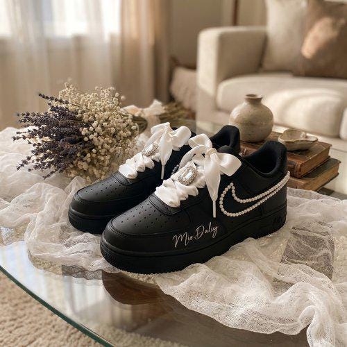 Custom Bridal Sneakers for Bride | Pearl & Satin Bow Wedding Black Shoes , Personalized Name