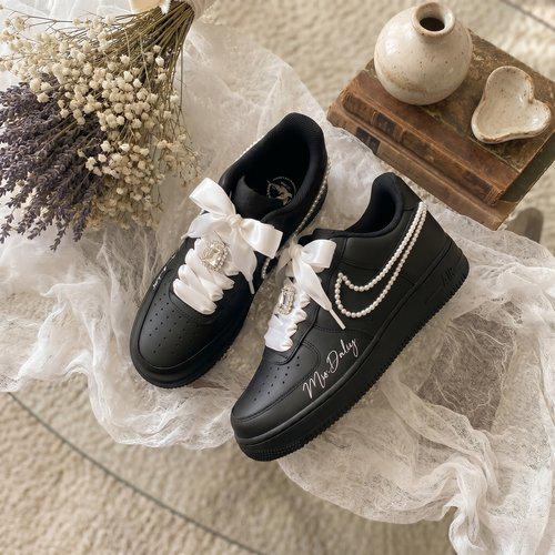 Custom Bridal Sneakers for Bride | Pearl & Satin Bow Wedding Black Shoes , Personalized Name