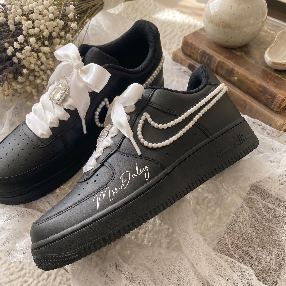 Custom Bridal Sneakers for Bride | Pearl & Satin Bow Wedding Black Shoes , Personalized Name