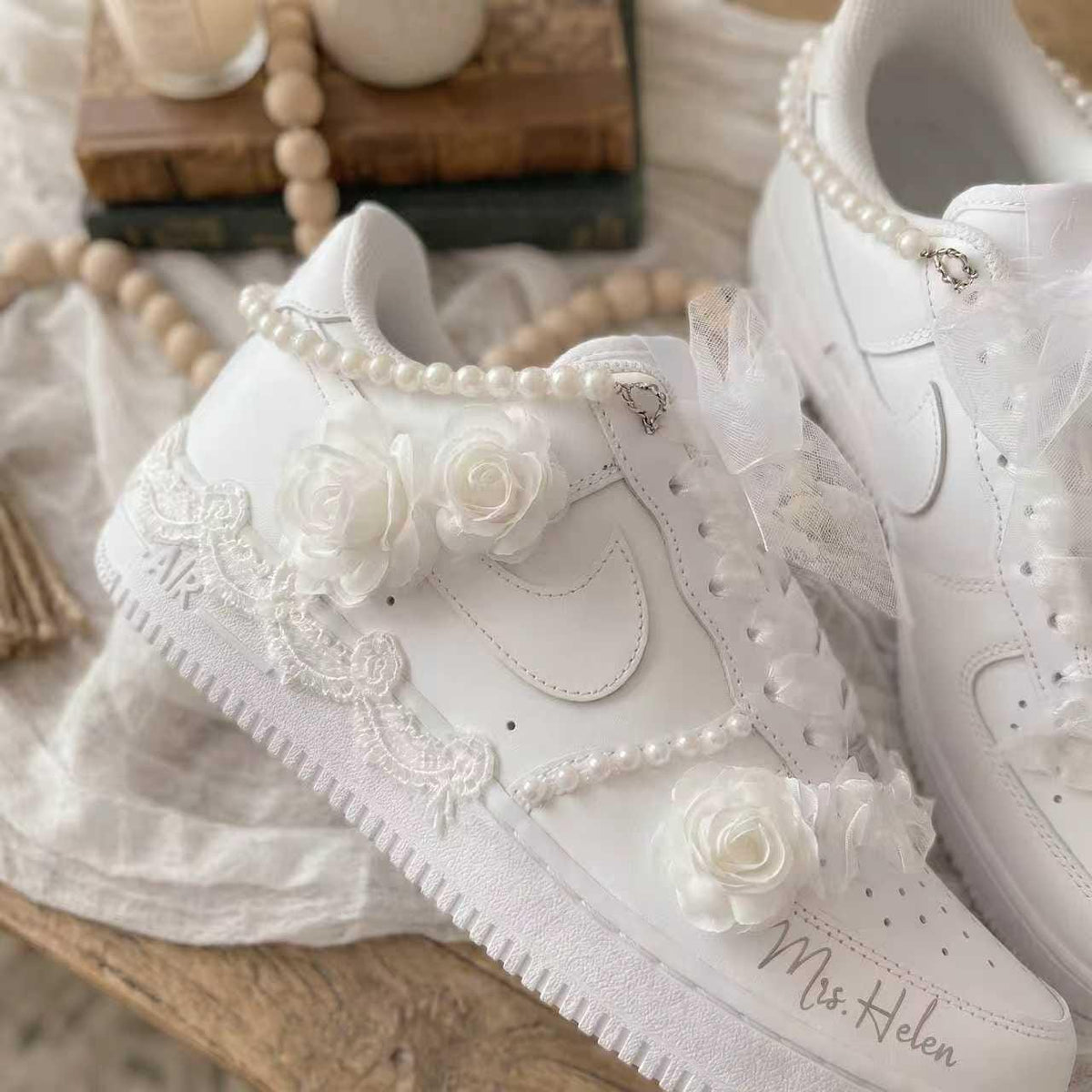 Custom Bridal Wedding Sneakers ?C Handmade Pearl Tulle Shoes for bride, Personalized with Name & Wedding Date
