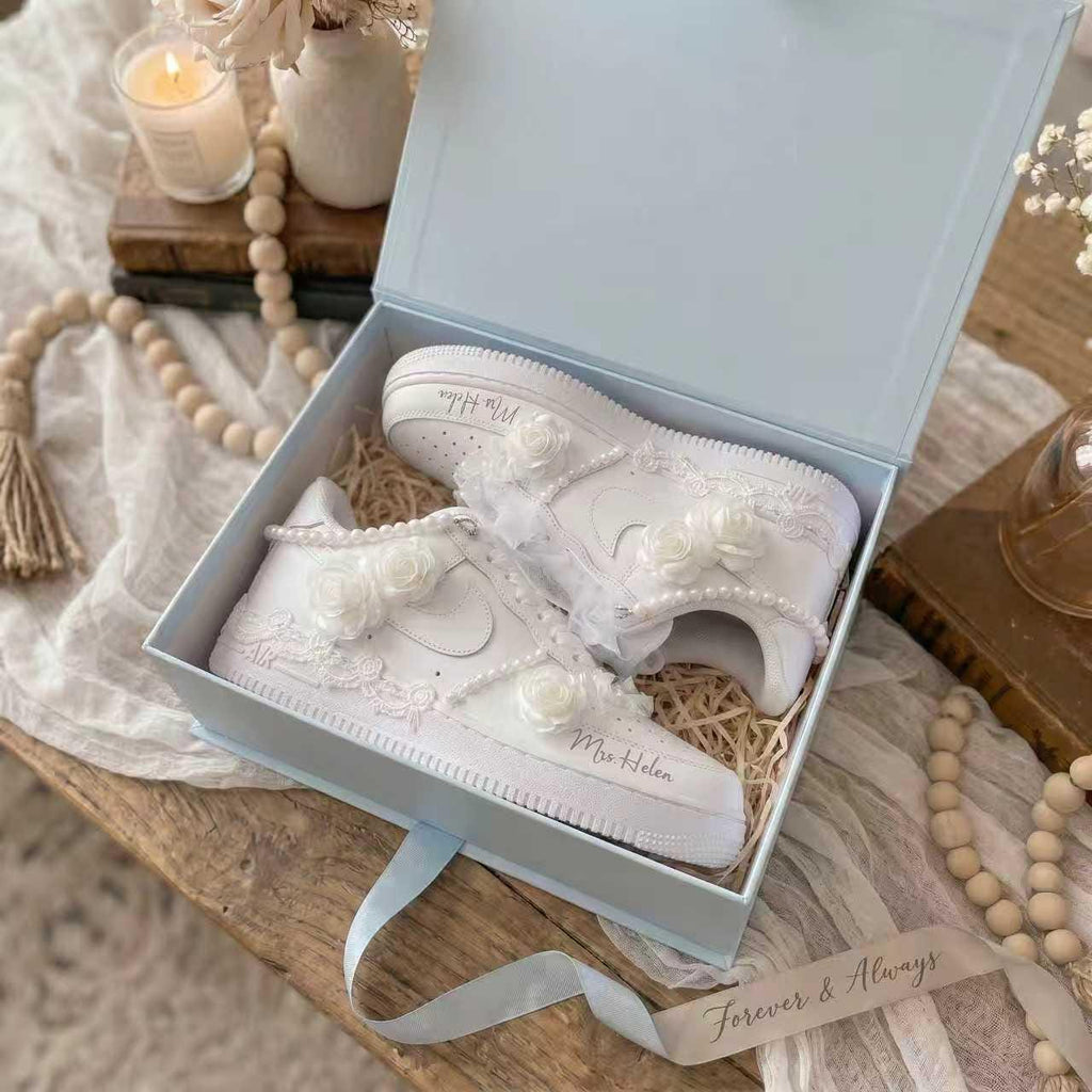 Custom Bridal Wedding Sneakers ?C Handmade Pearl Tulle Shoes for bride, Personalized with Name & Wedding Date