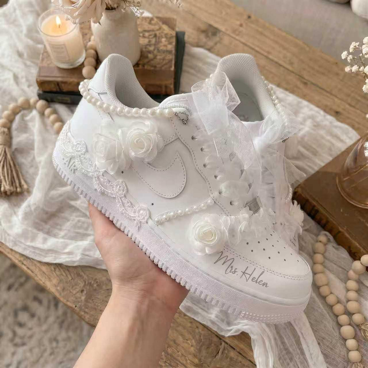 Custom Bridal Wedding Sneakers ?C Handmade Pearl Tulle Shoes for bride, Personalized with Name & Wedding Date