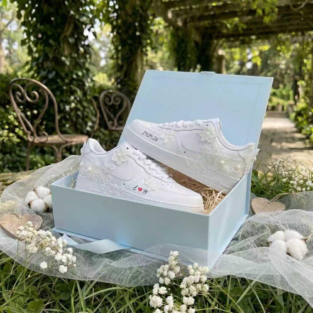 Custom Bridal Sneakers Lace Floral & Pearl Shoes for Bride, Personalized Name Wedding Date