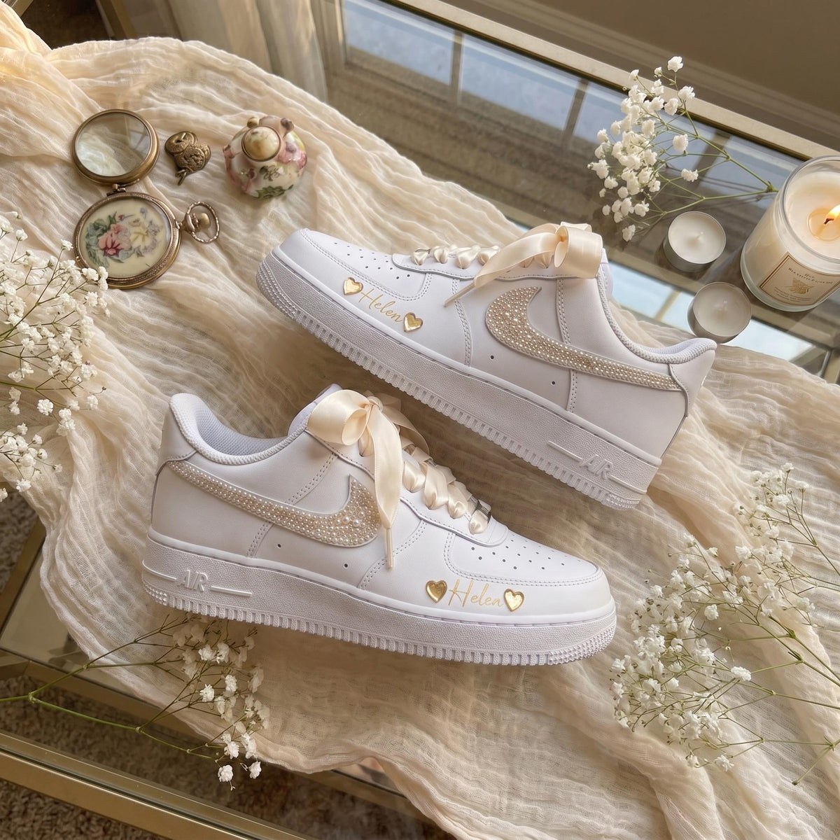Bridal Wedding Sneakers Custom Pearl Shoes for Bride, Personalized with Name & Hearts