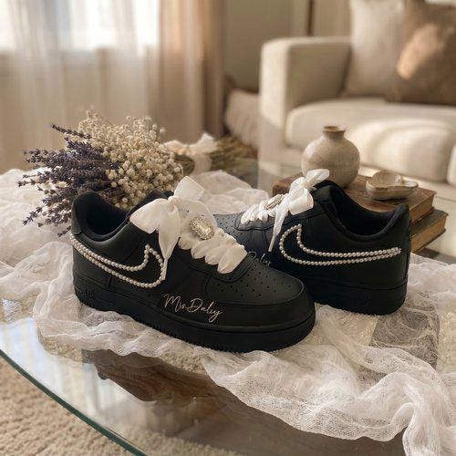 Custom Bridal Sneakers for Bride | Pearl & Satin Bow Wedding Black Shoes , Personalized Name