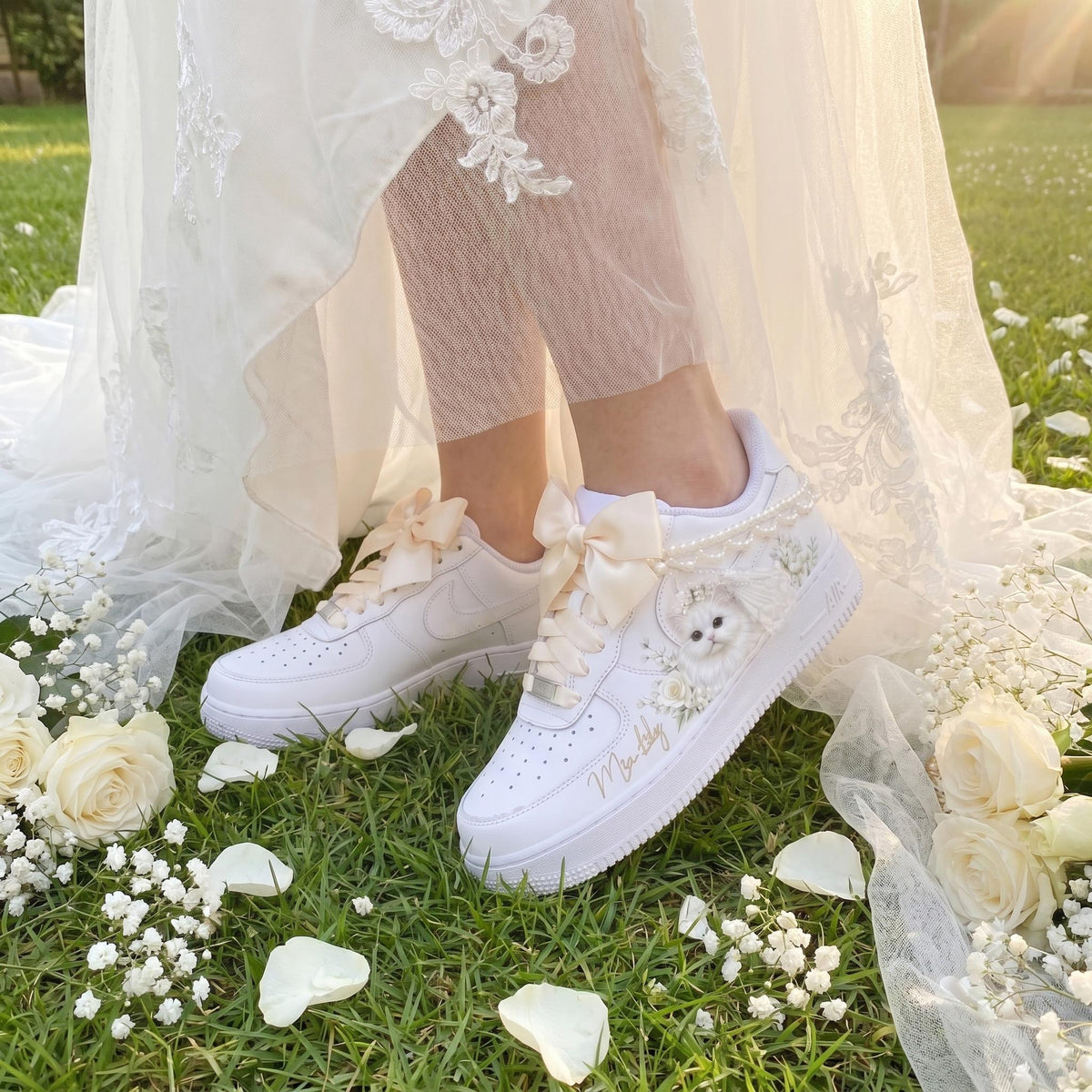 Custom Bridal Wedding Sneakers , Pet of Honor & Floral for Bride Shoes, Personalized Name Wedding Date