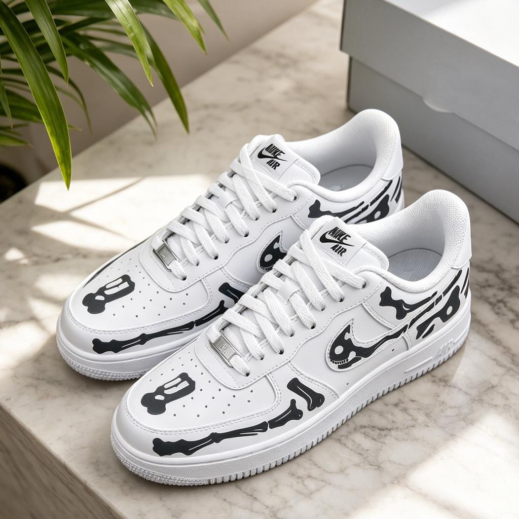 Custom black Skeleton Bone Af1 Sneakers,Black Skeleton Hand Painted White Sneakers,a unique gift