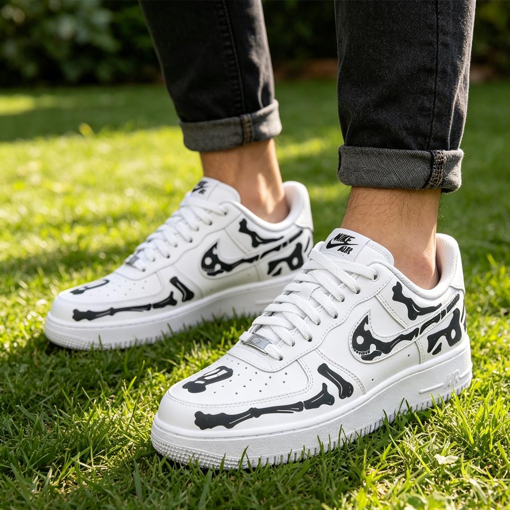 Custom black Skeleton Bone Af1 Sneakers,Black Skeleton Hand Painted White Sneakers,a unique gift