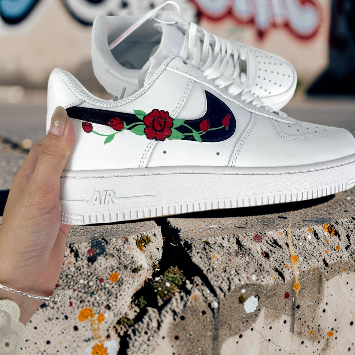 Custom AF1 Floral Rose Shoes, Hand Painted Air Force 1 Sneakers, Personalized White Low Top Gift for Her