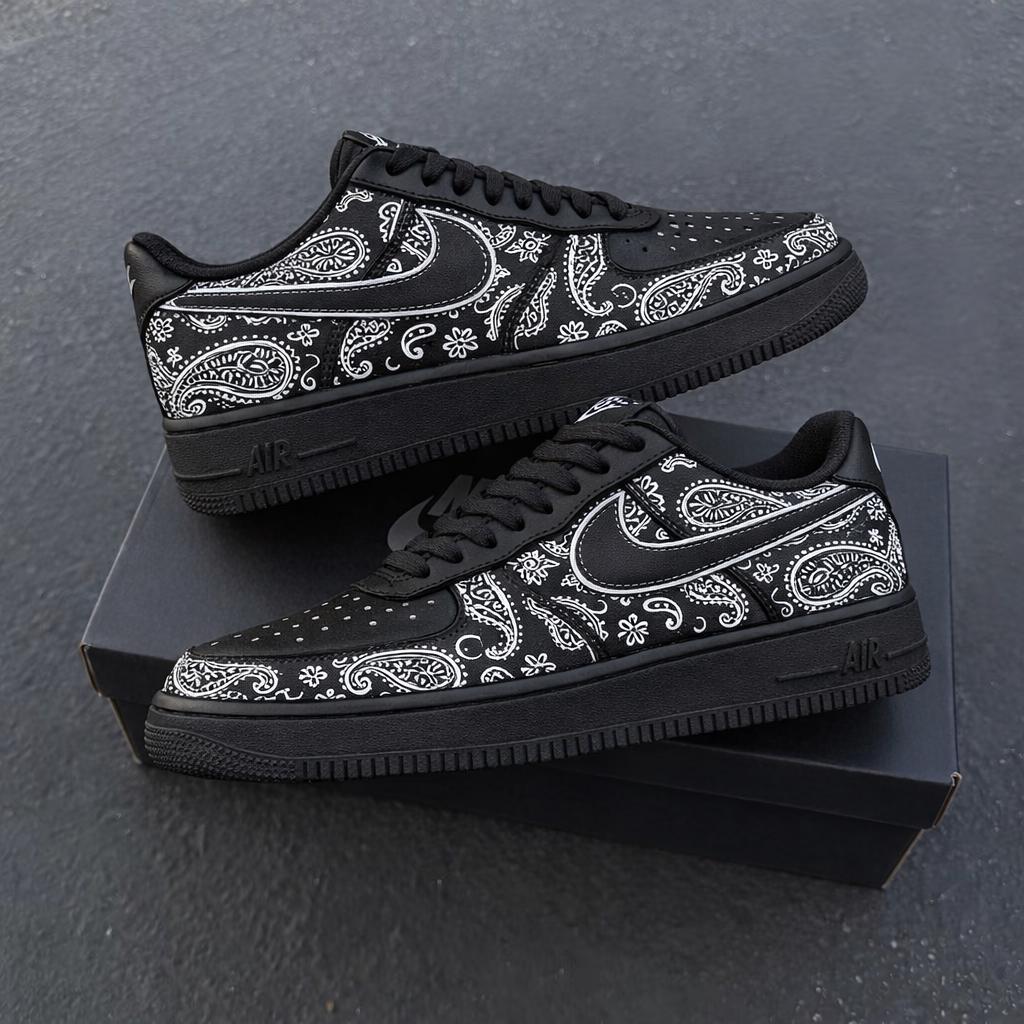 Custom Black Paisley AF1 ,Hand Painted Black Sneakers, Streetwear Shoes,a unique gift