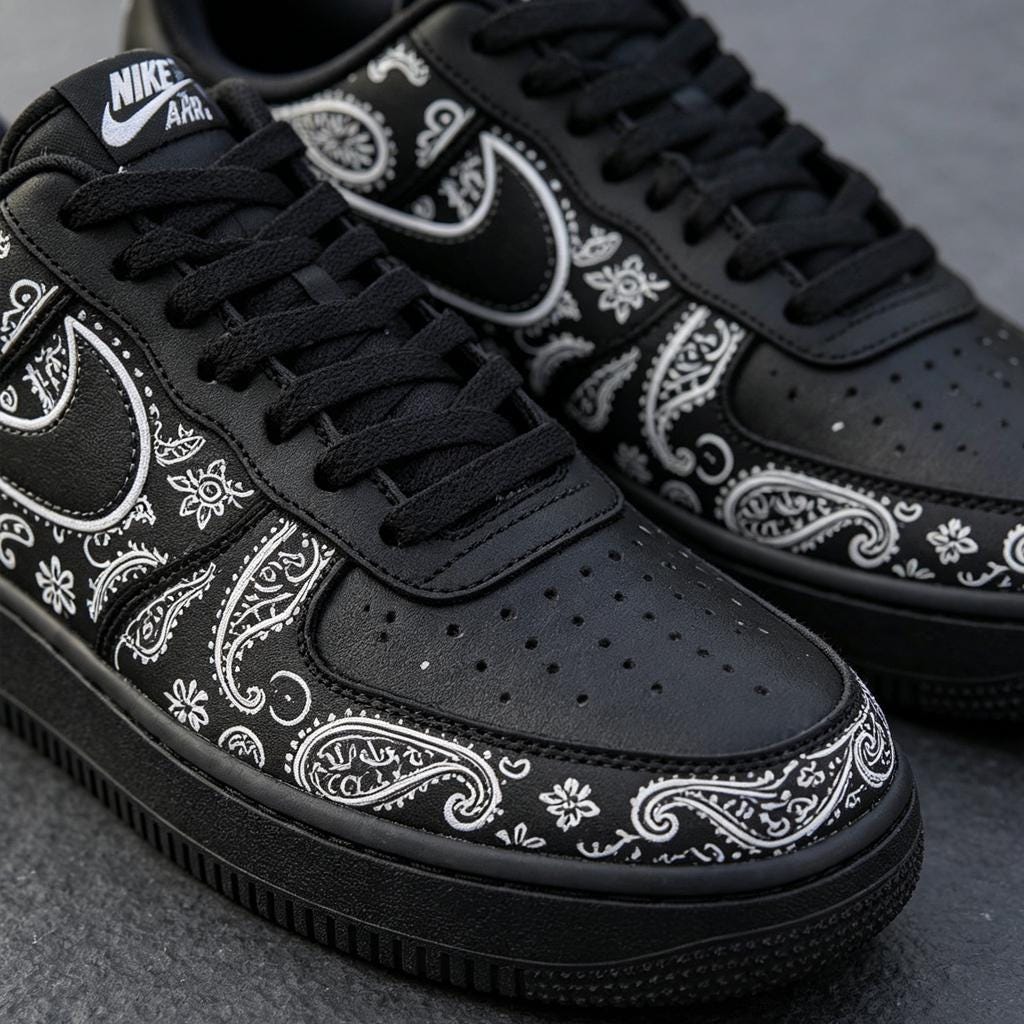 Custom Black Paisley AF1 ,Hand Painted Black Sneakers, Streetwear Shoes,a unique gift