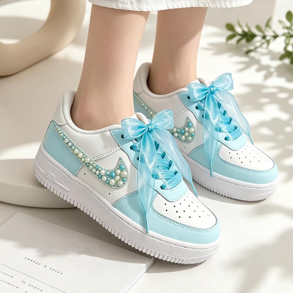 Blue Pearl AF1 With blue silk laces, Blue Wedding Sneakers, Gift for her