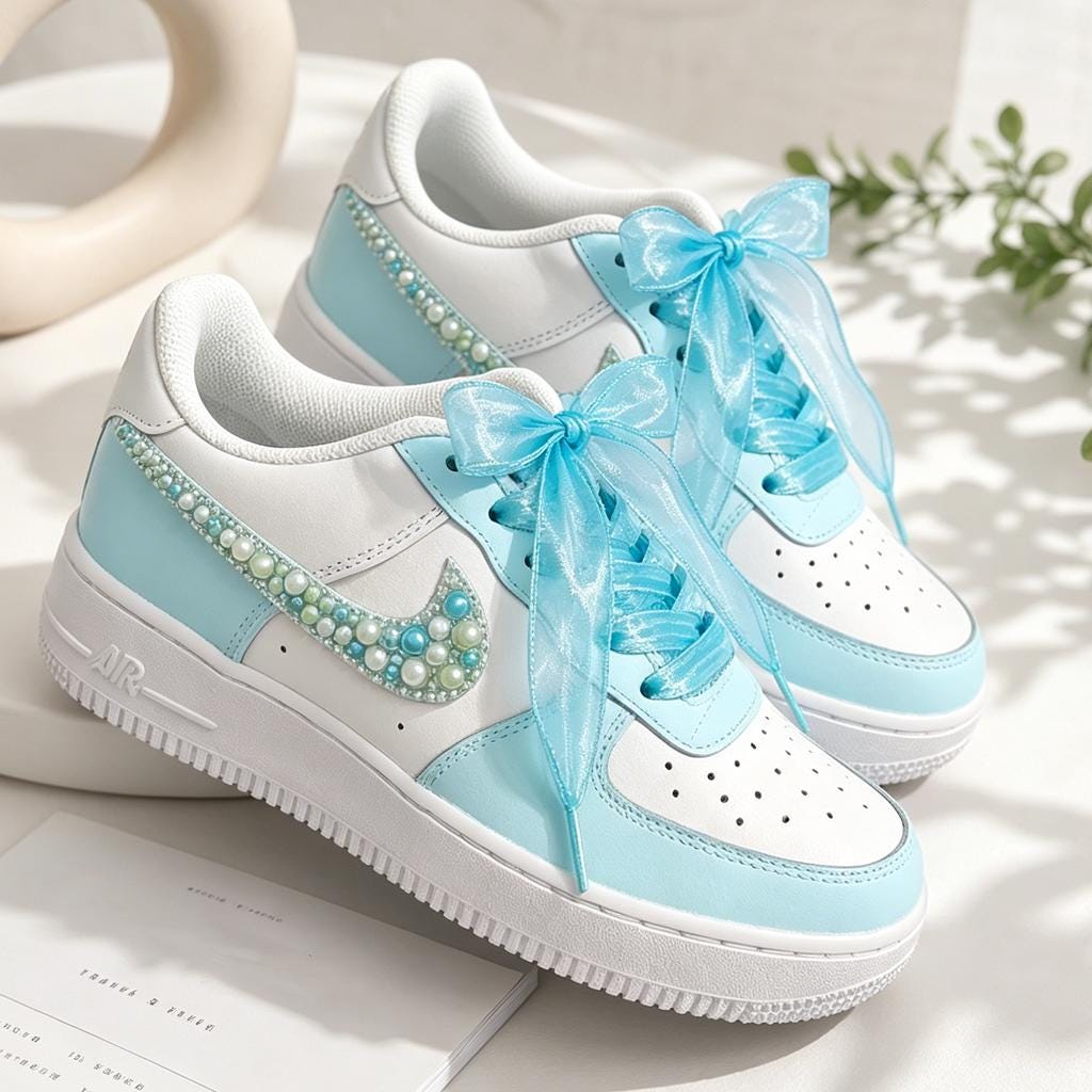 Blue Pearl AF1 With blue silk laces, Blue Wedding Sneakers, Gift for her