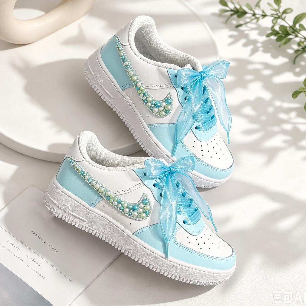 Blue Pearl AF1 With blue silk laces, Blue Wedding Sneakers, Gift for her