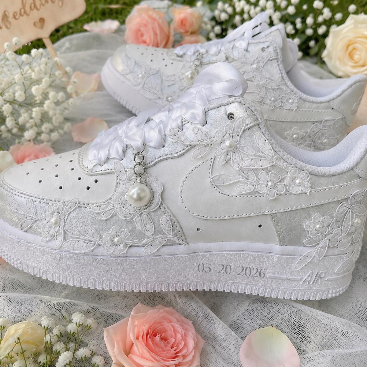 Bridal Wedding Sneakers | Handmade Lace & Pearl Custom Wedding Shoes for Bride, Personalized Name