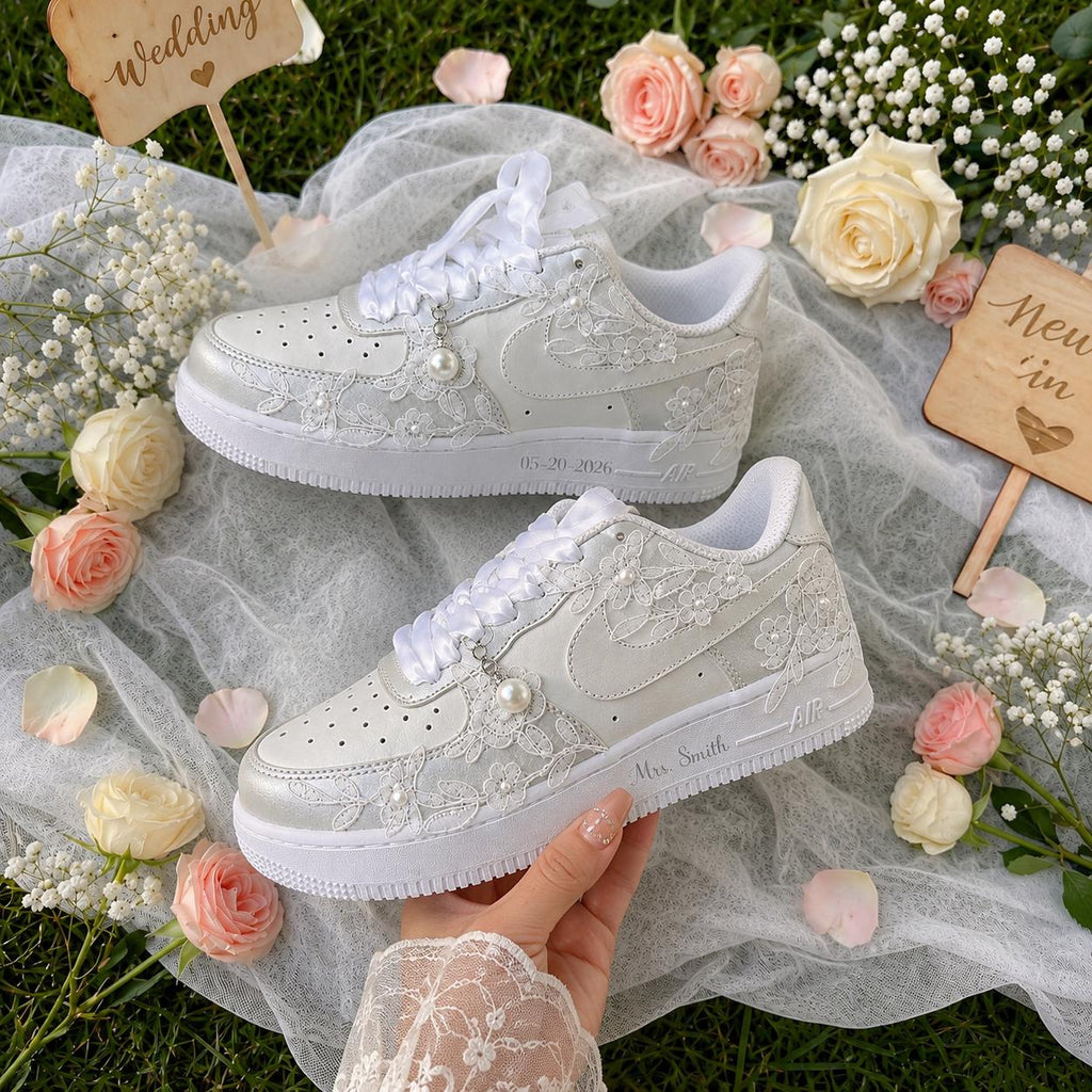 Bridal Wedding Sneakers | Handmade Lace & Pearl Custom Wedding Shoes for Bride, Personalized Name
