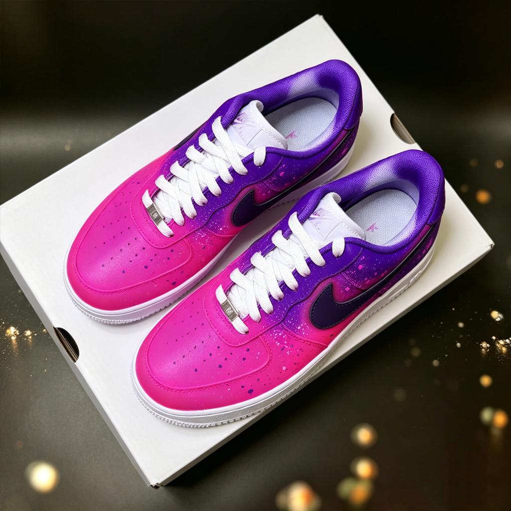 Custom Cyber Pink Purple Air Force 1 Sneakers, Ombre Splatter Streetwear Shoes