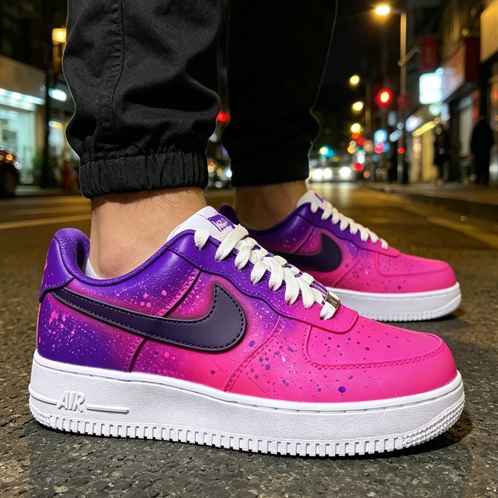 Custom Cyber Pink Purple Air Force 1 Sneakers, Ombre Splatter Streetwear Shoes