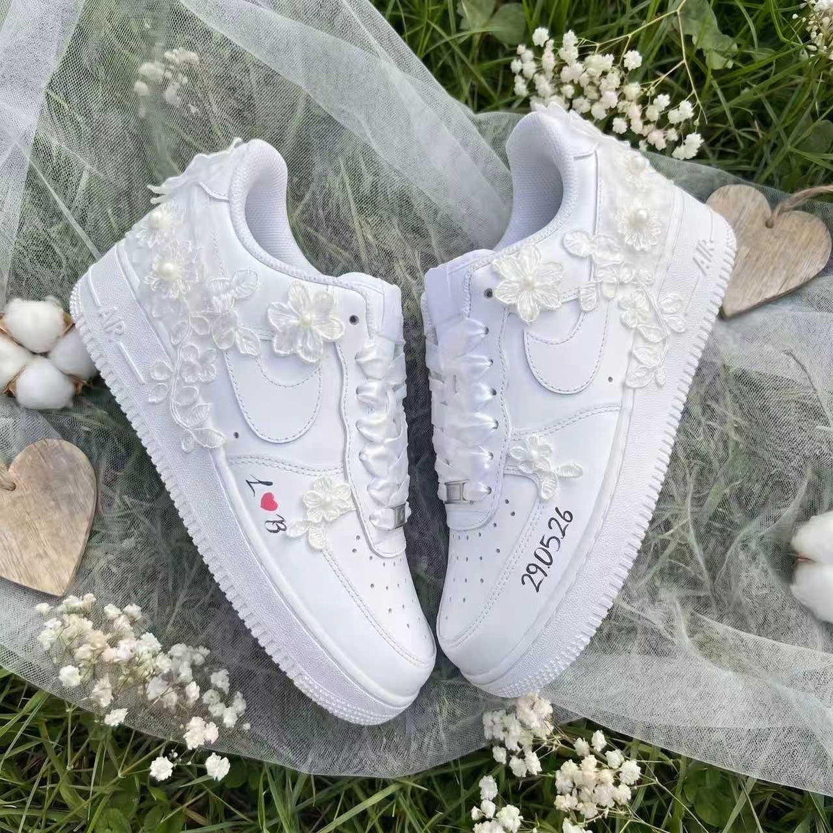Custom Bridal Sneakers Lace Floral & Pearl Shoes for Bride, Personalized Name Wedding Date