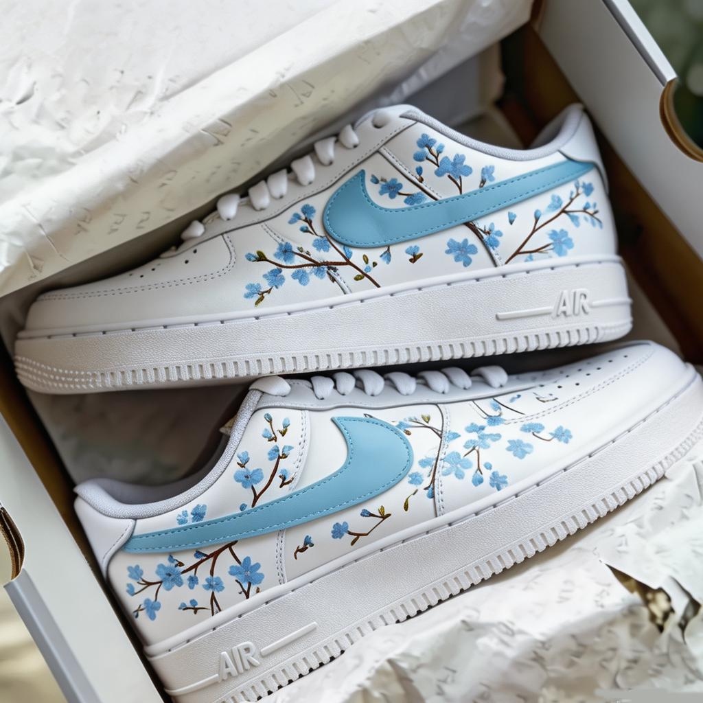 Custom Air Force 1 Blue, Blue Floral Custom Sneakers Hand Painted Wildflower Wedding Shoes, Gift for her