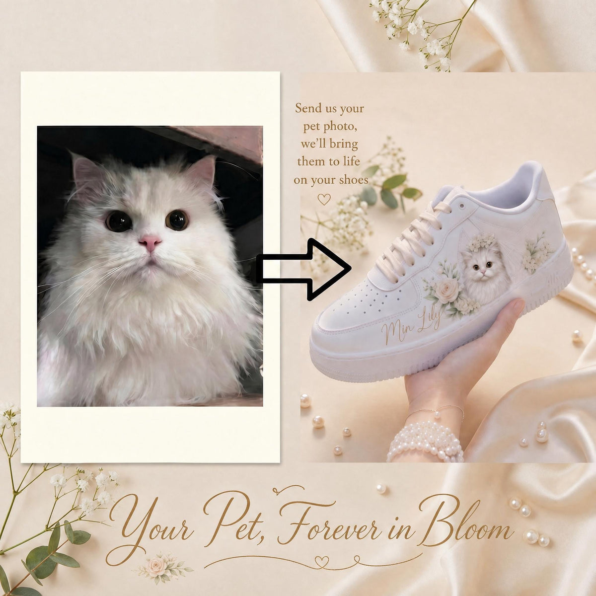 Custom Bridal Wedding Sneakers , Pet of Honor & Floral for Bride Shoes, Personalized Name Wedding Date