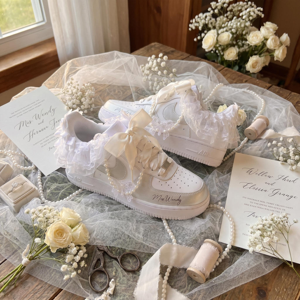 Bridal Wedding Sneakers Ruffled Lace Bow Pearl Custom Shoes for Bride, Personalized Name & Date