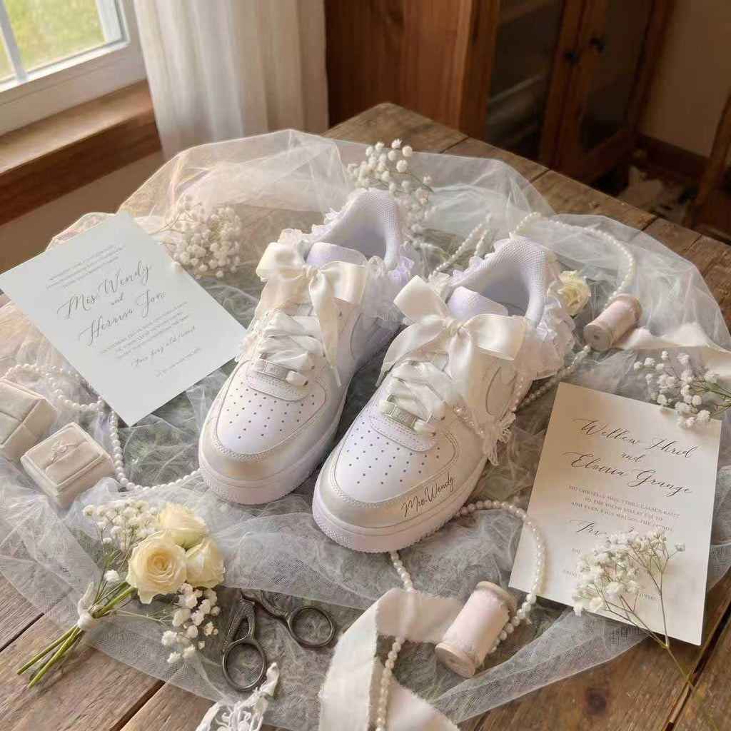 Bridal Wedding Sneakers Ruffled Lace Bow Pearl Custom Shoes for Bride, Personalized Name & Date