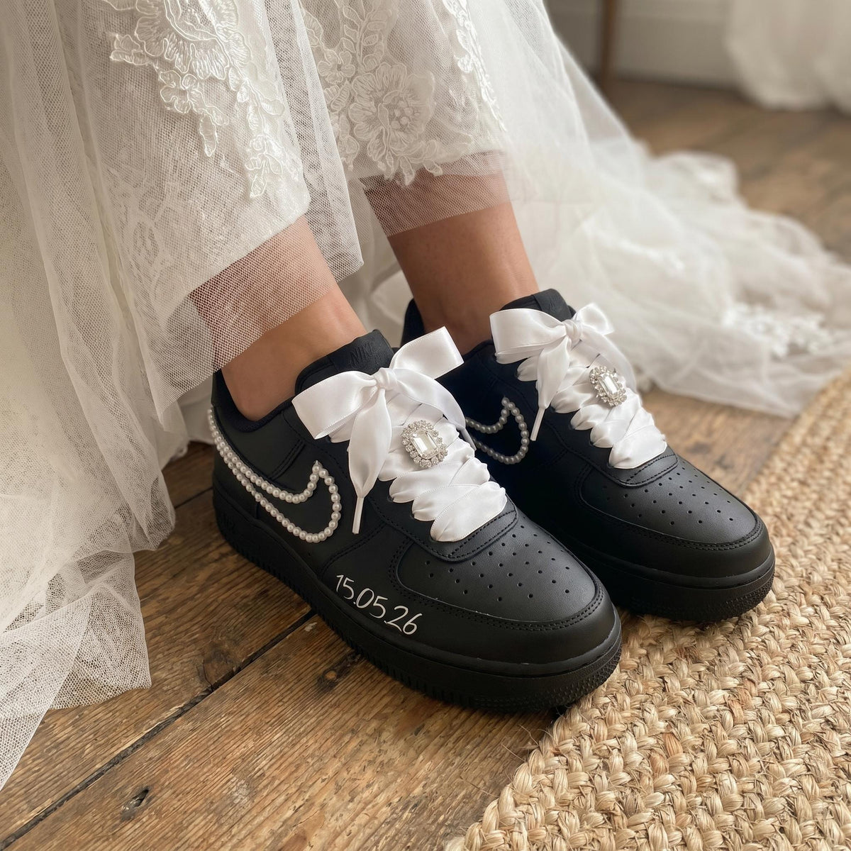 Custom Bridal Sneakers for Bride | Pearl & Satin Bow Wedding Black Shoes , Personalized Name