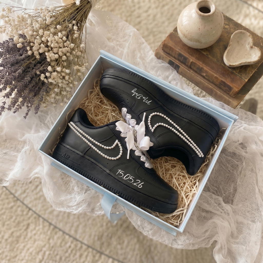 Custom Bridal Sneakers for Bride | Pearl & Satin Bow Wedding Black Shoes , Personalized Name