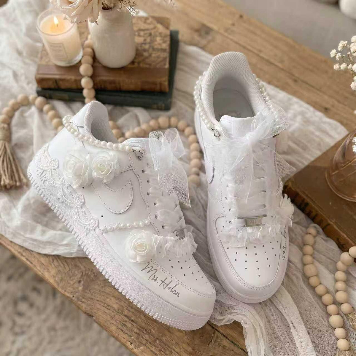 Custom Bridal Wedding Sneakers ?C Handmade Pearl Tulle Shoes for bride, Personalized with Name & Wedding Date