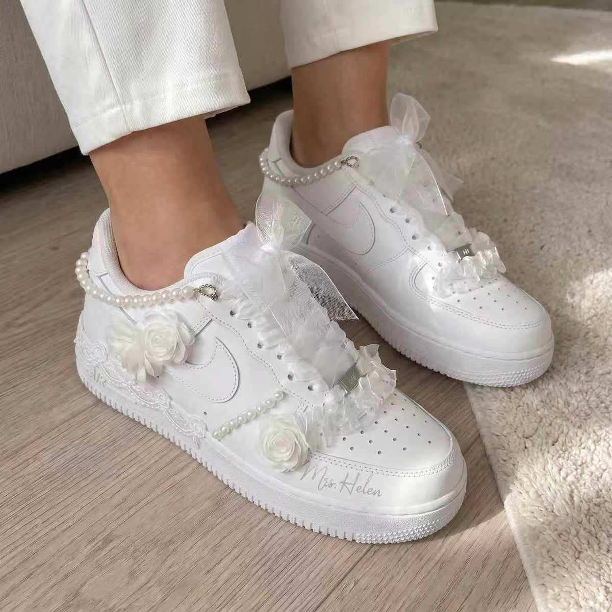 Custom Bridal Wedding Sneakers ?C Handmade Pearl Tulle Shoes for bride, Personalized with Name & Wedding Date