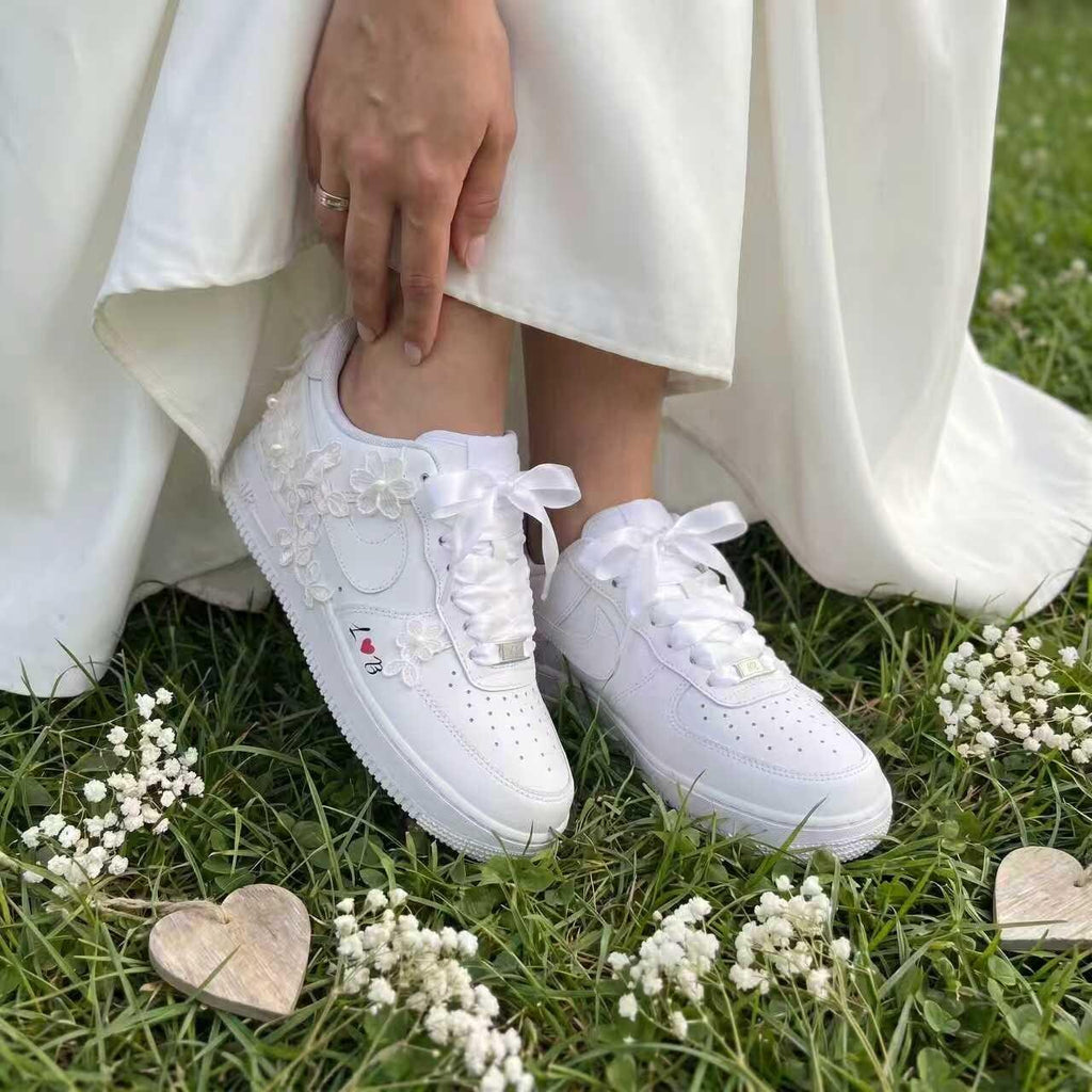 Custom Bridal Sneakers Lace Floral & Pearl Shoes for Bride, Personalized Name Wedding Date
