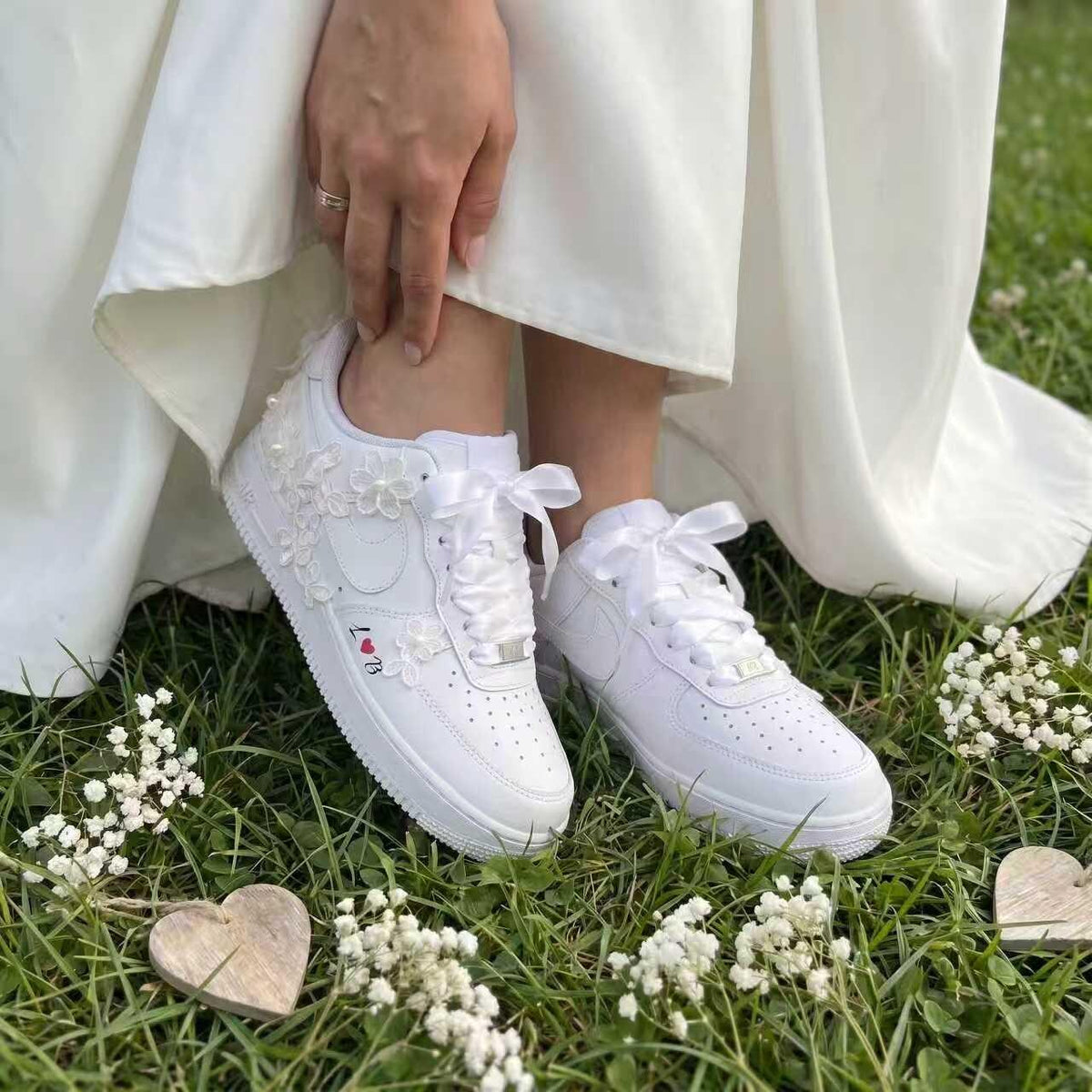Custom Bridal Sneakers Lace Floral & Pearl Shoes for Bride, Personalized Name Wedding Date