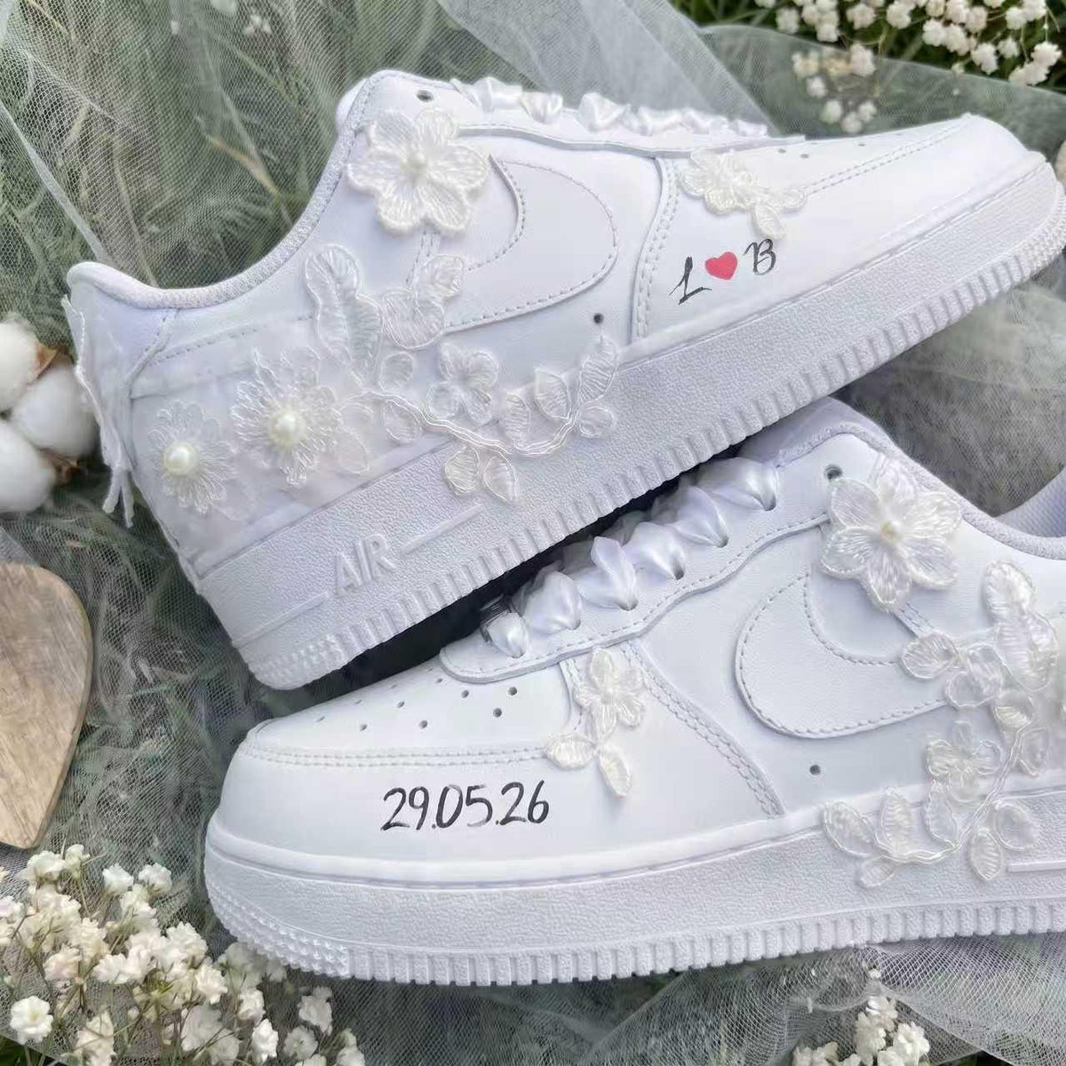 Custom Bridal Sneakers Lace Floral & Pearl Shoes for Bride, Personalized Name Wedding Date