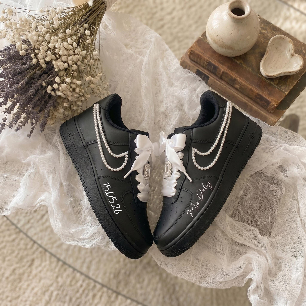 Custom Bridal Sneakers for Bride | Pearl & Satin Bow Wedding Black Shoes , Personalized Name