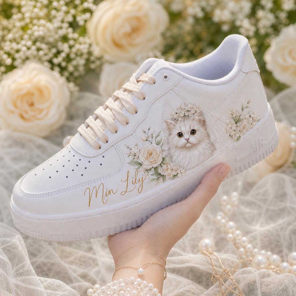 Custom Bridal Wedding Sneakers , Pet of Honor & Floral for Bride Shoes, Personalized Name Wedding Date