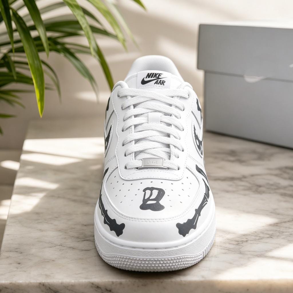 Custom black Skeleton Bone Af1 Sneakers,Black Skeleton Hand Painted White Sneakers,a unique gift