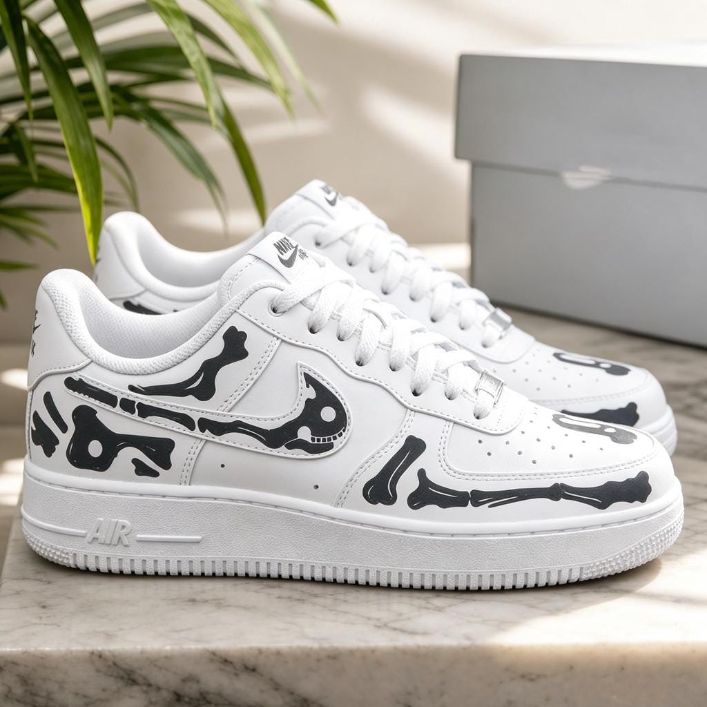 Custom black Skeleton Bone Af1 Sneakers,Black Skeleton Hand Painted White Sneakers,a unique gift
