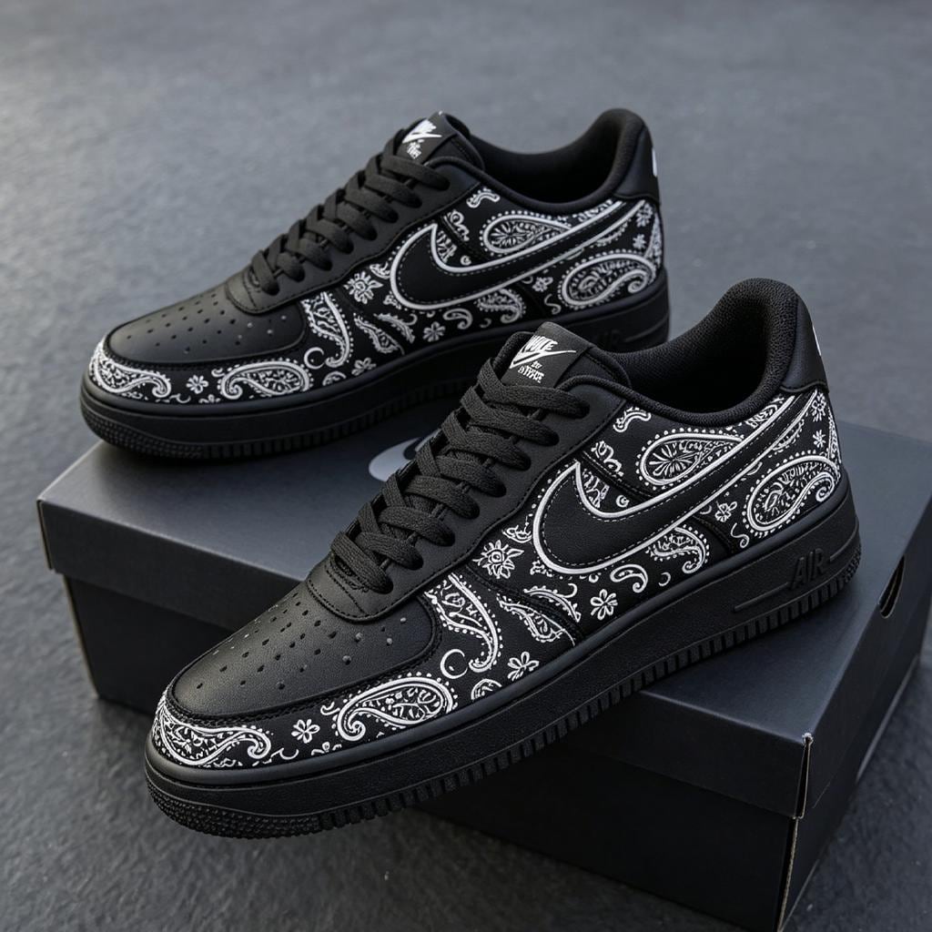 Custom Black Paisley AF1 ,Hand Painted Black Sneakers, Streetwear Shoes,a unique gift
