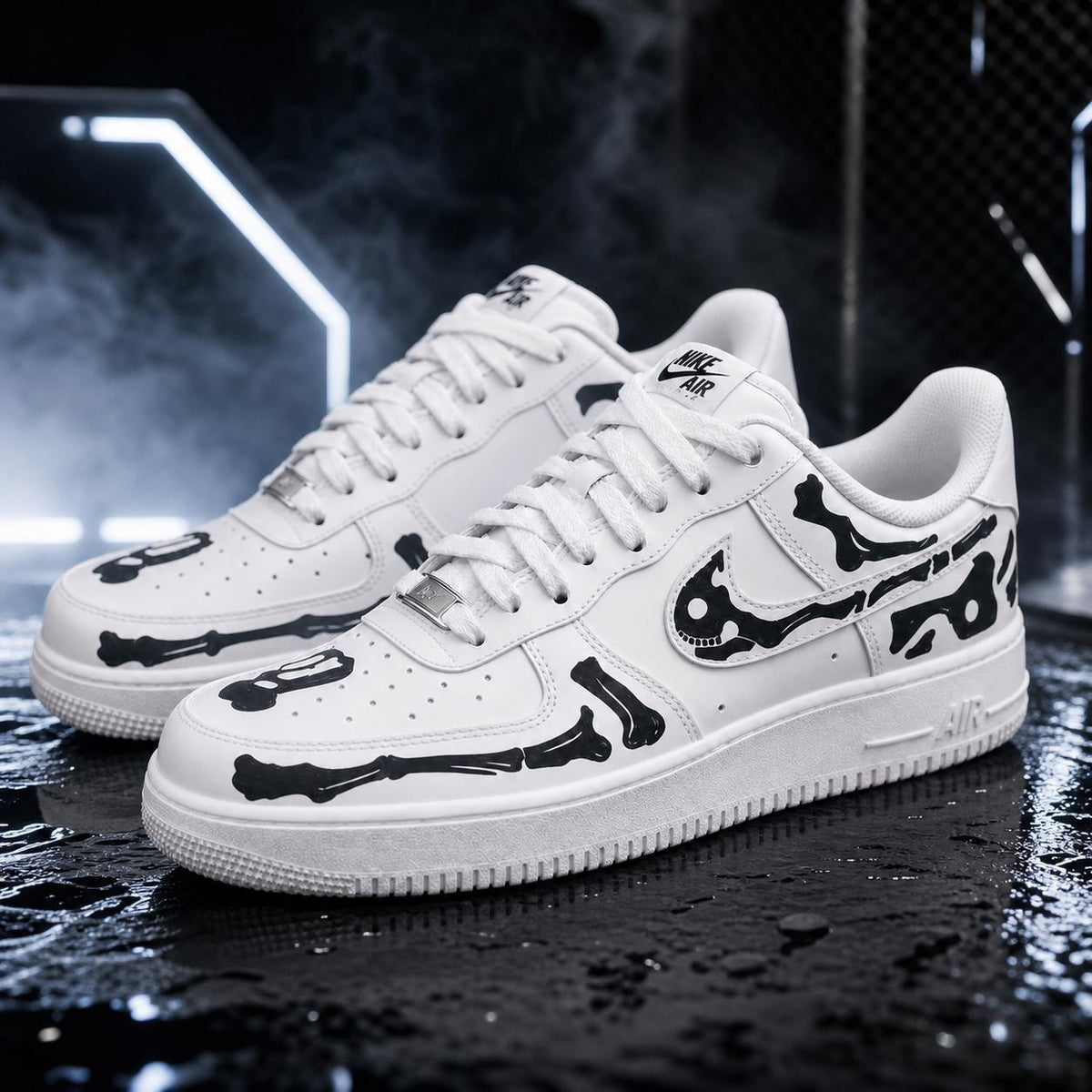 Custom black Skeleton Bone Af1 Sneakers,Black Skeleton Hand Painted White Sneakers,a unique gift
