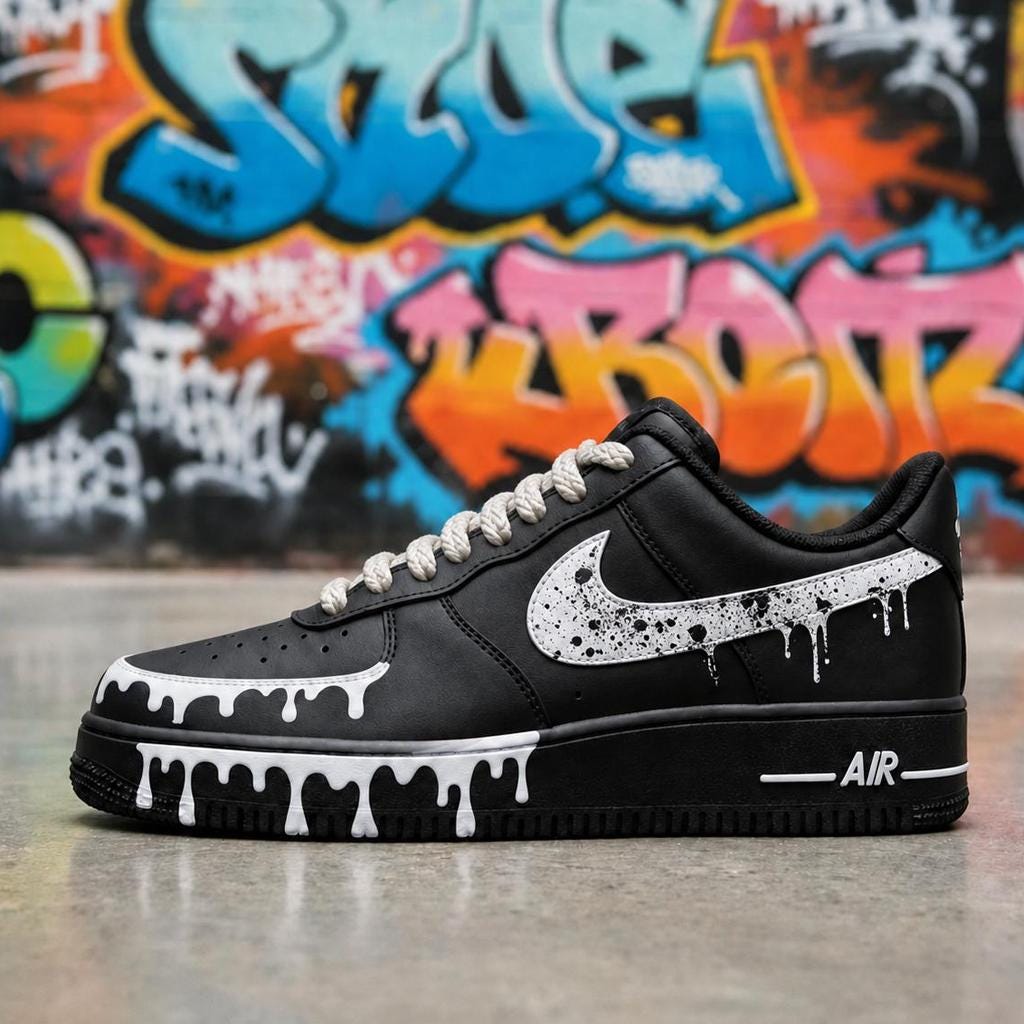 Black&White Splash Sneakers with Rope Laces,Stacked Liquid Drip AF1 with Rope Laces,Graduation Gift for Him