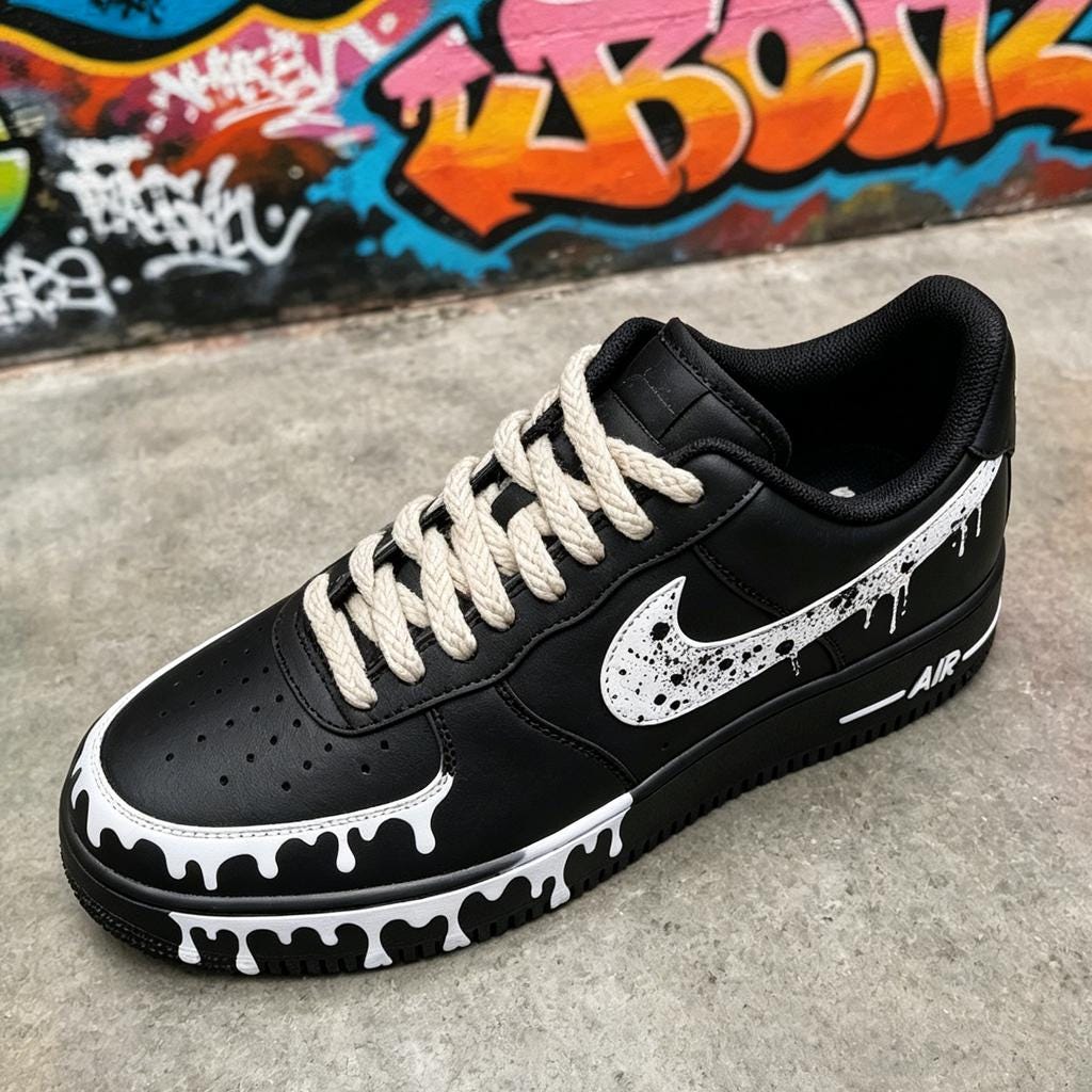 Black&White Splash Sneakers with Rope Laces,Stacked Liquid Drip AF1 with Rope Laces,Graduation Gift for Him