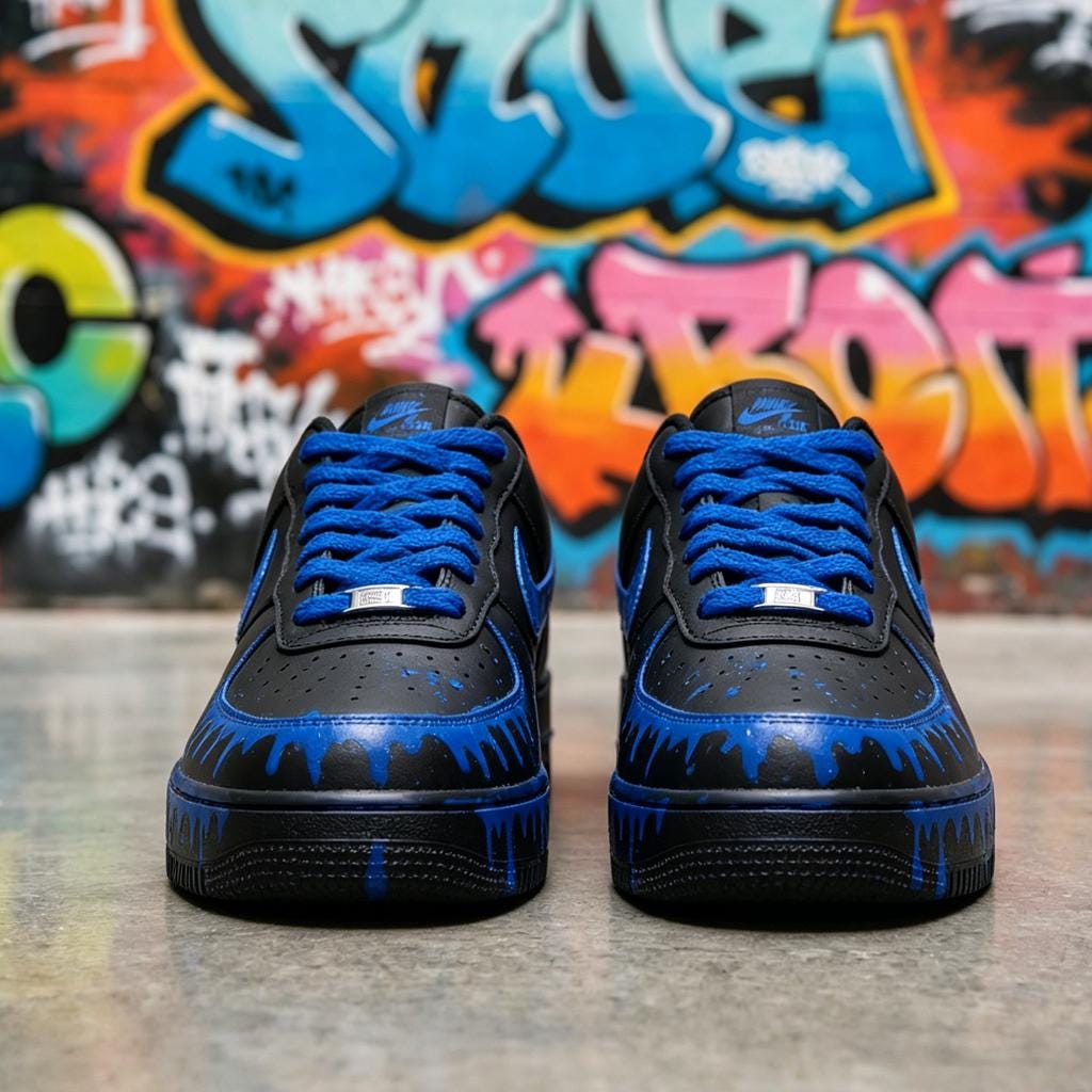 Black&Blue Drip Shoes,Splash Drip Shoes Streetwear,Stacked Liquid Drip AF1 with Rope Laces