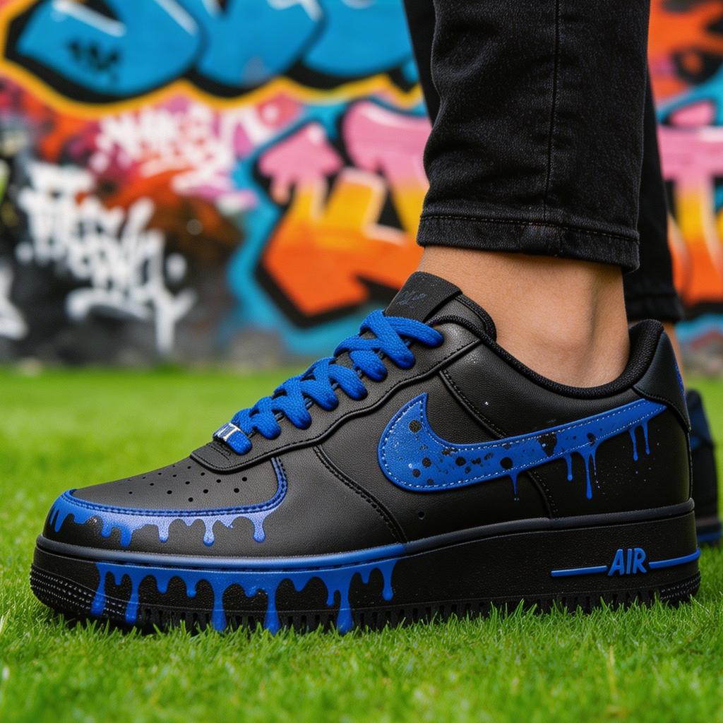 Black&Blue Drip Shoes,Splash Drip Shoes Streetwear,Stacked Liquid Drip AF1 with Rope Laces