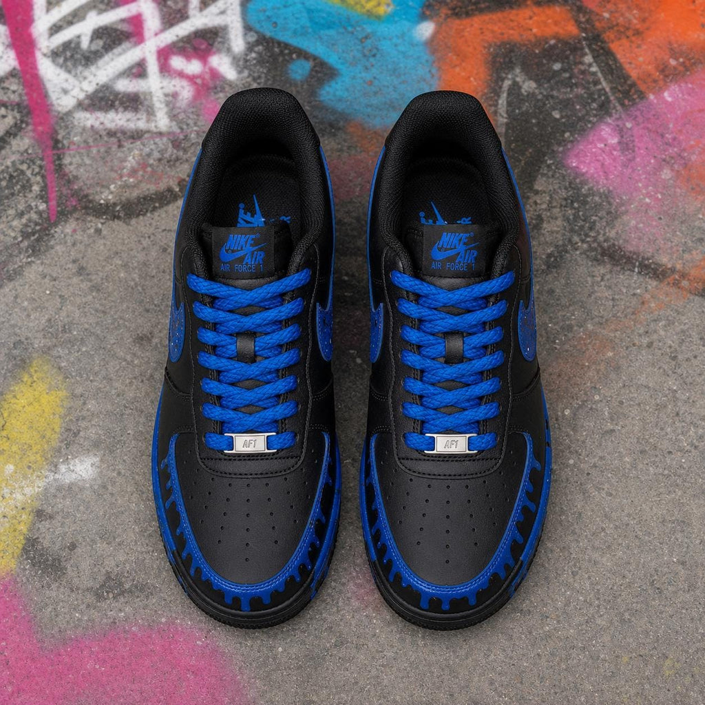 Black&Blue Drip Shoes,Splash Drip Shoes Streetwear,Stacked Liquid Drip AF1 with Rope Laces