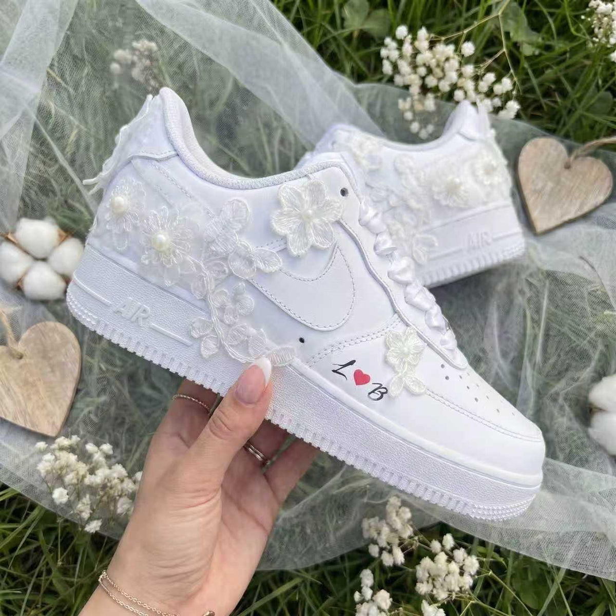 Custom Bridal Sneakers Lace Floral & Pearl Shoes for Bride, Personalized Name Wedding Date